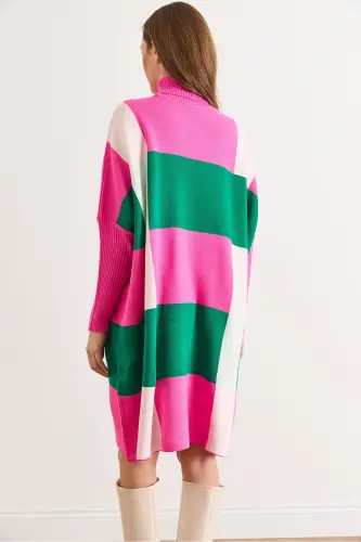 Kadın Fuşya Ekose Kalın Panço Tunik Elbise ELB-19002323-Fuşya - 3