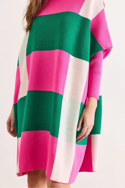 Kadın Fuşya Ekose Kalın Panço Tunik Elbise ELB-19002323-Fuşya - 4