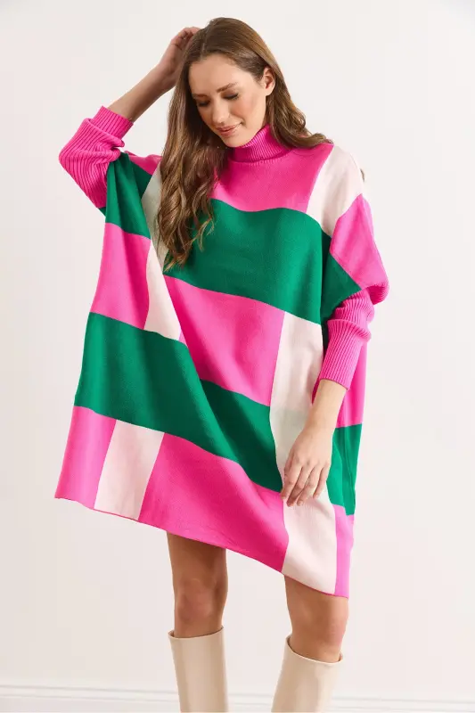 Kadın Fuşya Ekose Kalın Panço Tunik Elbise ELB-19002323-Fuşya - 5