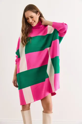 Kadın Fuşya Ekose Kalın Panço Tunik Elbise ELB-19002323-Fuşya - 6