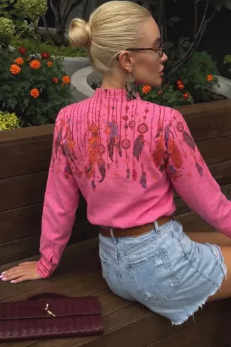 Kadın Fuşya Hakim Yaka Desenli Gömlek ARM-25Y001013 - Fuşya - 2
