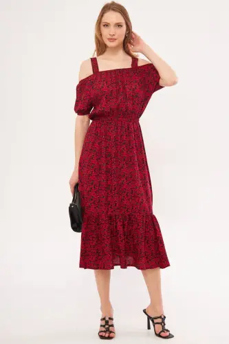 Kadın Fuşya Kareli Çiçek Desenli Askılı Beli Lastikli Elbise ARM-21K001202-Fuşya 