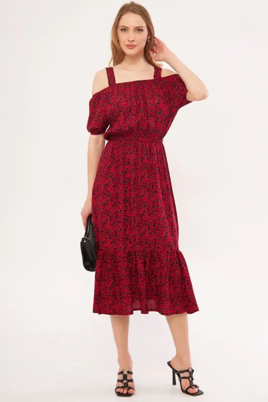 Kadın Fuşya Kareli Çiçek Desenli Askılı Beli Lastikli Elbise ARM-21K001202-Fuşya - ARMONIKA