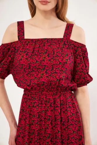 Kadın Fuşya Kareli Çiçek Desenli Askılı Beli Lastikli Elbise ARM-21K001202-Fuşya - ARMONIKA (1)