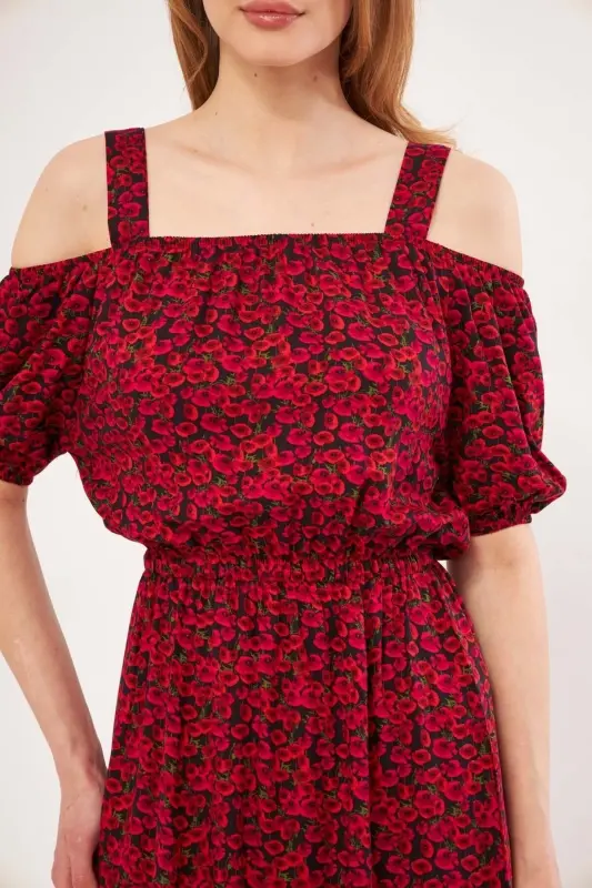 Kadın Fuşya Kareli Çiçek Desenli Askılı Beli Lastikli Elbise ARM-21K001202-Fuşya - 2