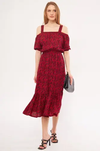 Kadın Fuşya Kareli Çiçek Desenli Askılı Beli Lastikli Elbise ARM-21K001202-Fuşya - 3