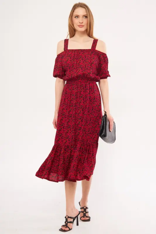 Kadın Fuşya Kareli Çiçek Desenli Askılı Beli Lastikli Elbise ARM-21K001202-Fuşya - 3