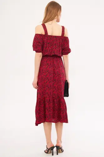 Kadın Fuşya Kareli Çiçek Desenli Askılı Beli Lastikli Elbise ARM-21K001202-Fuşya - 4