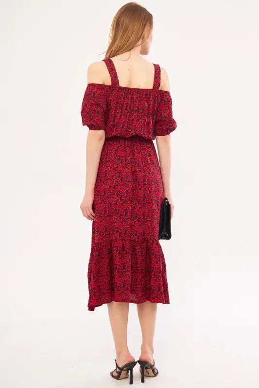 Kadın Fuşya Kareli Çiçek Desenli Askılı Beli Lastikli Elbise ARM-21K001202-Fuşya - 4