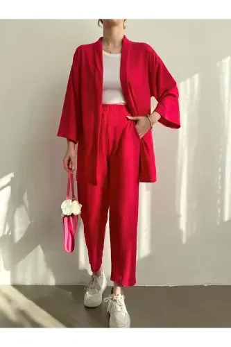 Kadın Fuşya Kimono Pantolon Örme Takımı-Fuşya - BEJNA (1)