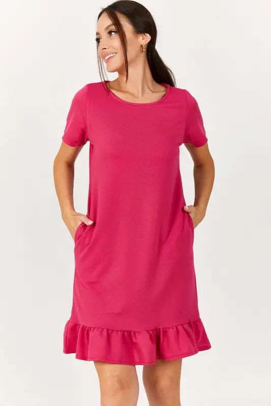 Kadın Fuşya Kısa Kollu Altı Fırfırlı Elbise ARM-20Y001032-Fuşya - 3