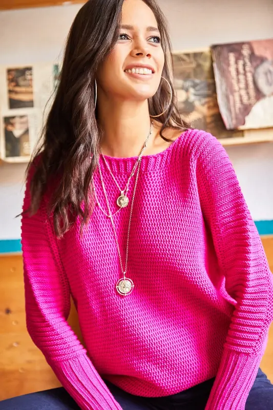 Kadın Fuşya Kol Detaylı Petek Örgü Kazak KZK-19000399-Fuşya - OLALOOK