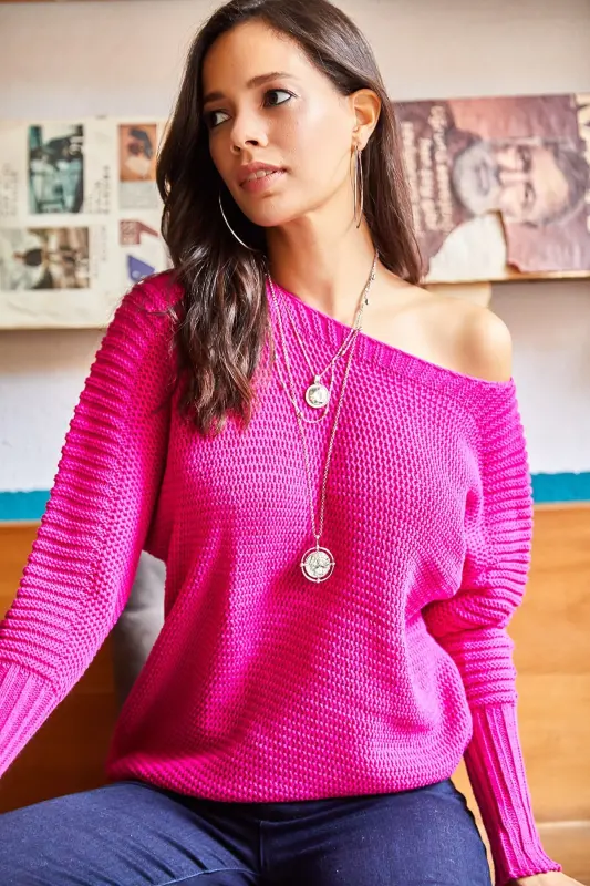 Kadın Fuşya Kol Detaylı Petek Örgü Kazak KZK-19000399-Fuşya - 2