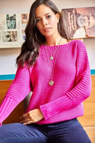 Kadın Fuşya Kol Detaylı Petek Örgü Kazak KZK-19000399-Fuşya - 4