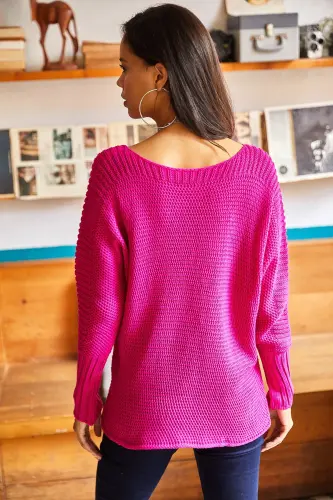 Kadın Fuşya Kol Detaylı Petek Örgü Kazak KZK-19000399-Fuşya - 6