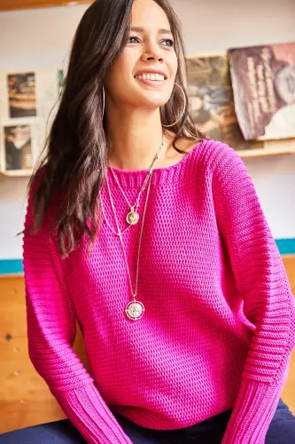 Kadın Fuşya Kol Detaylı Petek Örgü Kazak KZK-19000399-Fuşya - 1