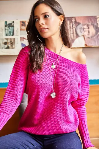 Kadın Fuşya Kol Detaylı Petek Örgü Kazak KZK-19000399-Fuşya - OLALOOK (1)