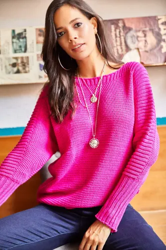 Kadın Fuşya Kol Detaylı Petek Örgü Kazak KZK-19000399-Fuşya - 5