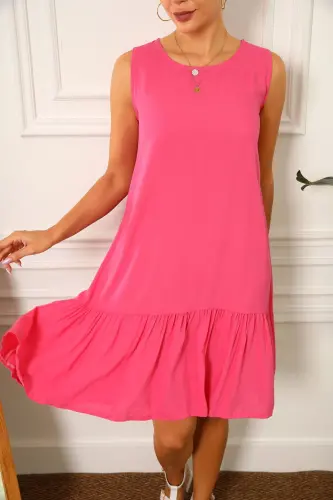 Kadın Fuşya KOLSUZ ETEĞİ FIRFIRLI ELBİSE ARM-18Y001156-FUŞYA 