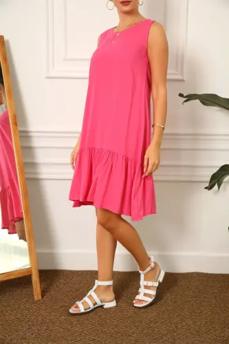 Kadın Fuşya KOLSUZ ETEĞİ FIRFIRLI ELBİSE ARM-18Y001156-FUŞYA - 2