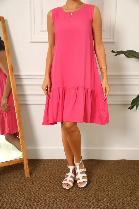 Kadın Fuşya KOLSUZ ETEĞİ FIRFIRLI ELBİSE ARM-18Y001156-FUŞYA - 3