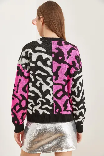 Kadın Fuşya Leopar Bloklu Triko Kazak KZK-19000832-Fuşya - 7