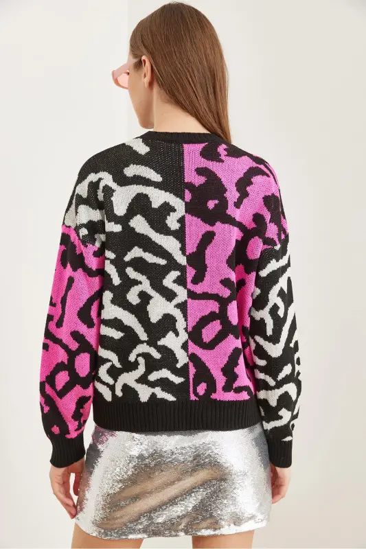 Kadın Fuşya Leopar Bloklu Triko Kazak KZK-19000832-Fuşya - 7