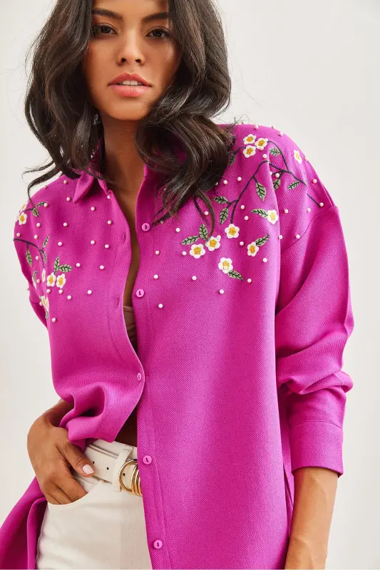 Kadın Fuşya Nakışlı İncili Yün Efektli Oversize Kışlık Gömlek GML-19001159-Fuşya - 1