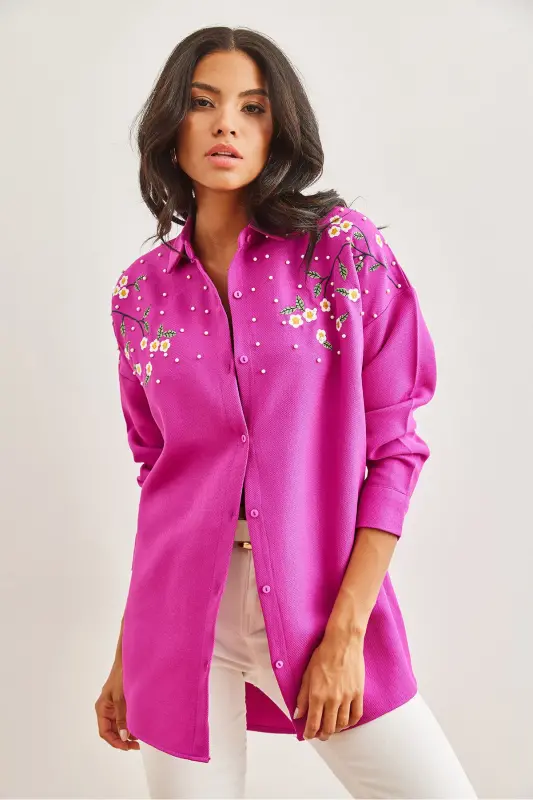 Kadın Fuşya Nakışlı İncili Yün Efektli Oversize Kışlık Gömlek GML-19001159-Fuşya - 4
