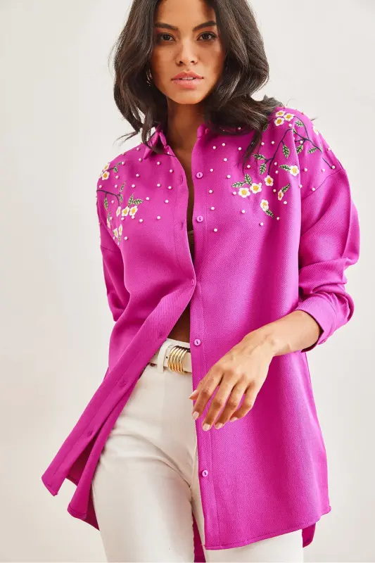 Kadın Fuşya Nakışlı İncili Yün Efektli Oversize Kışlık Gömlek GML-19001159-Fuşya - 5