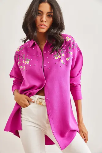 Kadın Fuşya Nakışlı İncili Yün Efektli Oversize Kışlık Gömlek GML-19001159-Fuşya - 6