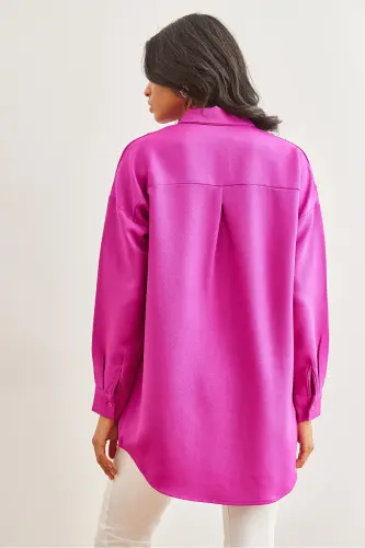 Kadın Fuşya Nakışlı İncili Yün Efektli Oversize Kışlık Gömlek GML-19001159-Fuşya - OLALOOK (1)