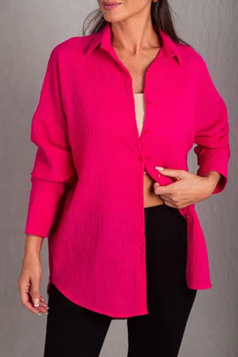 Kadın Fuşya Oversize Dokulu Keten Görünümlü Geniş Manşetli Gömlek Arm-24k001001-Fuşya - 1