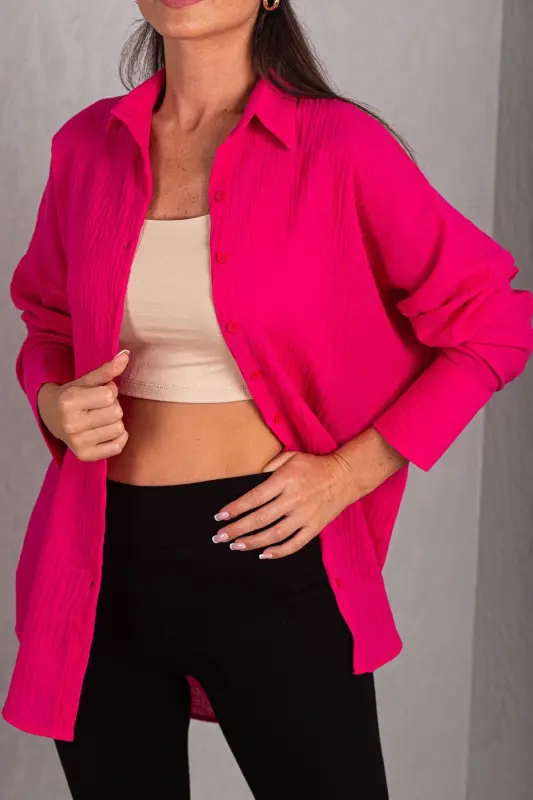 Kadın Fuşya Oversize Dokulu Keten Görünümlü Geniş Manşetli Gömlek Arm-24k001001-Fuşya - 3