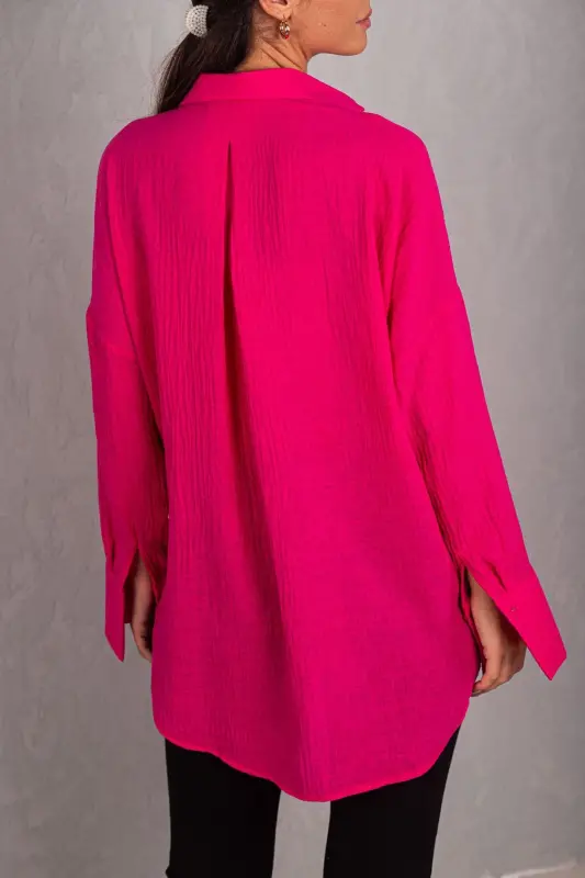 Kadın Fuşya Oversize Dokulu Keten Görünümlü Geniş Manşetli Gömlek Arm-24k001001-Fuşya - 4