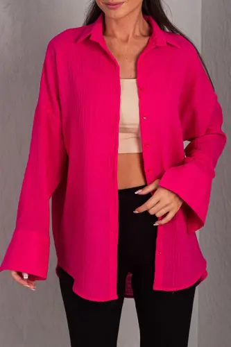 Kadın Fuşya Oversize Dokulu Keten Görünümlü Geniş Manşetli Gömlek Arm-24k001001-Fuşya - ARMONIKA (1)