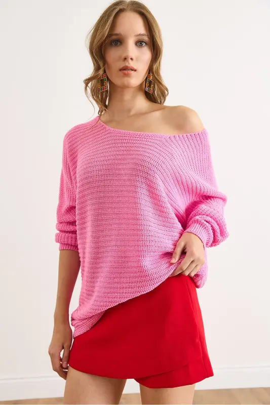 Kadın Fuşya Selanik Salaş Triko Kazak KZK-19000051-Fuşya - OLALOOK