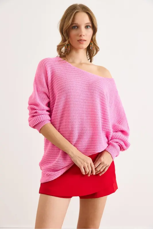 Kadın Fuşya Selanik Salaş Triko Kazak KZK-19000051-Fuşya - 4