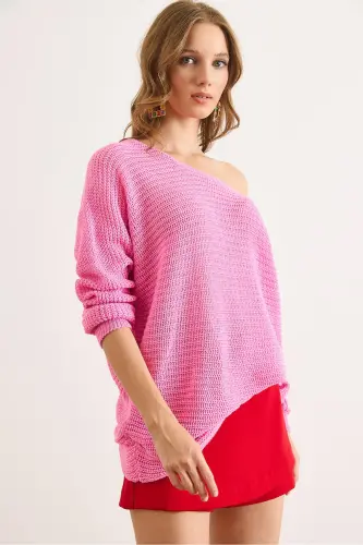 Kadın Fuşya Selanik Salaş Triko Kazak KZK-19000051-Fuşya - 5