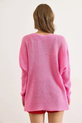 Kadın Fuşya Selanik Salaş Triko Kazak KZK-19000051-Fuşya - 3