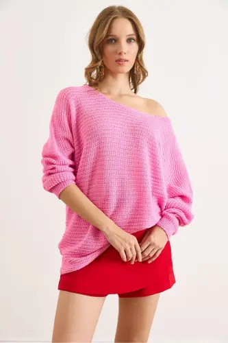 Kadın Fuşya Selanik Salaş Triko Kazak KZK-19000051-Fuşya - 4