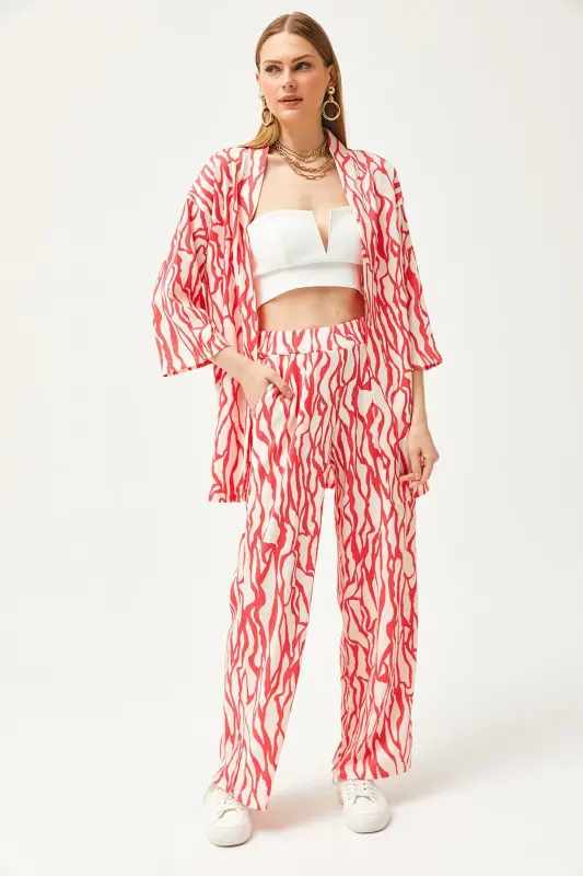 Kadın Fuşya Üst Kimono Alt Cepli Pantolon Takım TKM-19000276 - Fuşya - 6