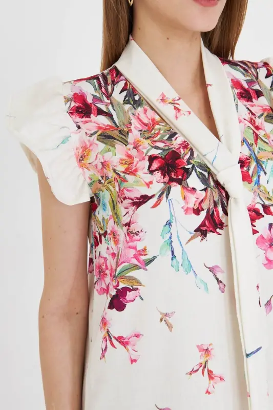 Kadın Fuşya V Yaka Kolları Fırfırlı Kravat Detaylı Elbise ARM-25Y001023-Fuşya - 5