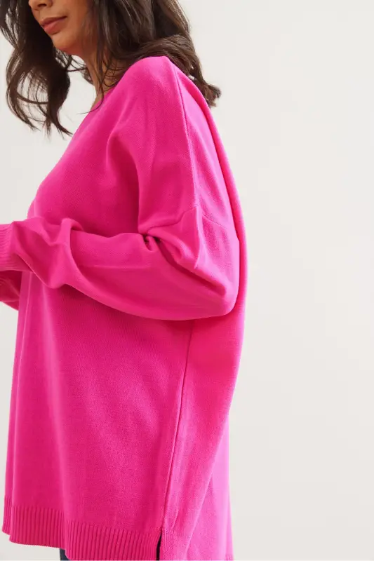 Kadın Fuşya V Yaka Yanı Yırtmaçlı Basic Triko Kazak KZK-19000868-Fuşya - 5