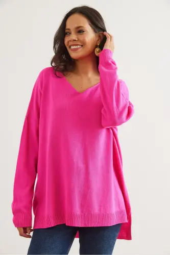 Kadın Fuşya V Yaka Yanı Yırtmaçlı Basic Triko Kazak KZK-19000868-Fuşya - 3
