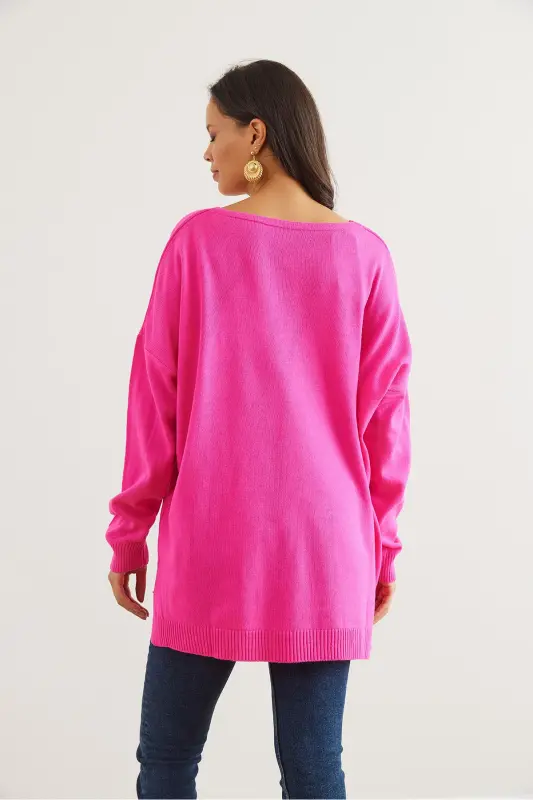 Kadın Fuşya V Yaka Yanı Yırtmaçlı Basic Triko Kazak KZK-19000868-Fuşya - 6