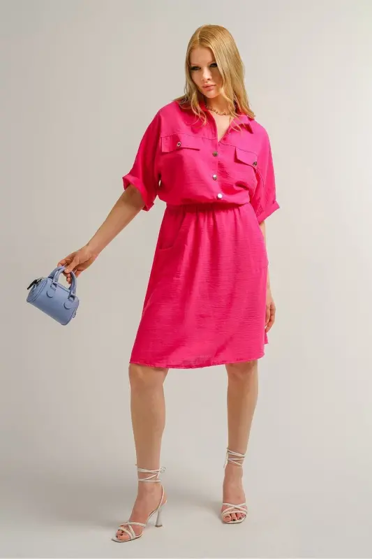 Kadın Fuşya Yarasa Kol Cepli Beli Lastikli Elbise Arm-23y001076-Fuşya - 1