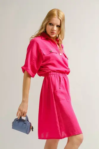 Kadın Fuşya Yarasa Kol Cepli Beli Lastikli Elbise Arm-23y001076-Fuşya - 3