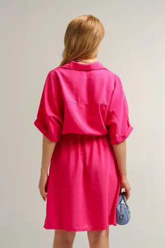 Kadın Fuşya Yarasa Kol Cepli Beli Lastikli Elbise Arm-23y001076-Fuşya - 4