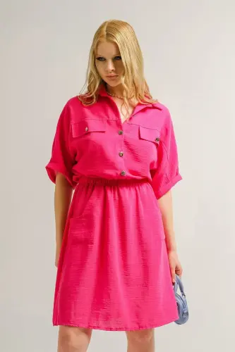 Kadın Fuşya Yarasa Kol Cepli Beli Lastikli Elbise Arm-23y001076-Fuşya - ARMONIKA (1)